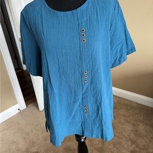 Blue Button-Detail Women's Top 100% cotton. Size L.